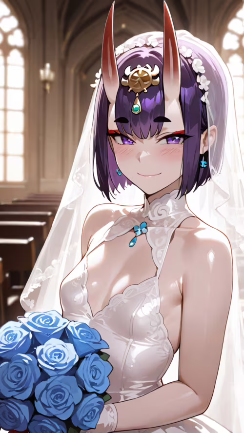 Shuten Douji z gry Fate/Grand Order, ubrana w białą suknię ślubną i welon, uśmiecha... Sony Xperia E4
