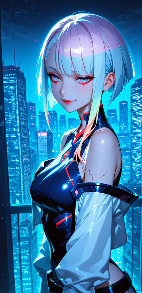 Ilustracja w stylu anime przedstawiająca Lucy z serialu „Cyberpunk: Edgerunners”...