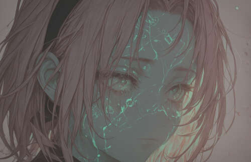 Artystyczny portret Sakury Haruno z anime Naruto, przedstawiający ją z różowymi włosami... Telefon