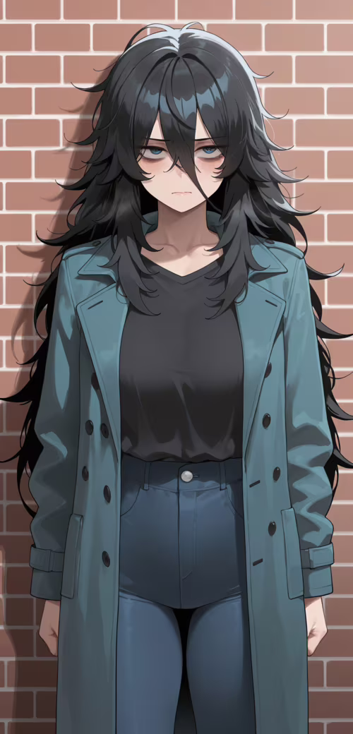 Dziewczyna w stylu anime, o długich, potarganych, czarnych włosach i zmęczonych,...