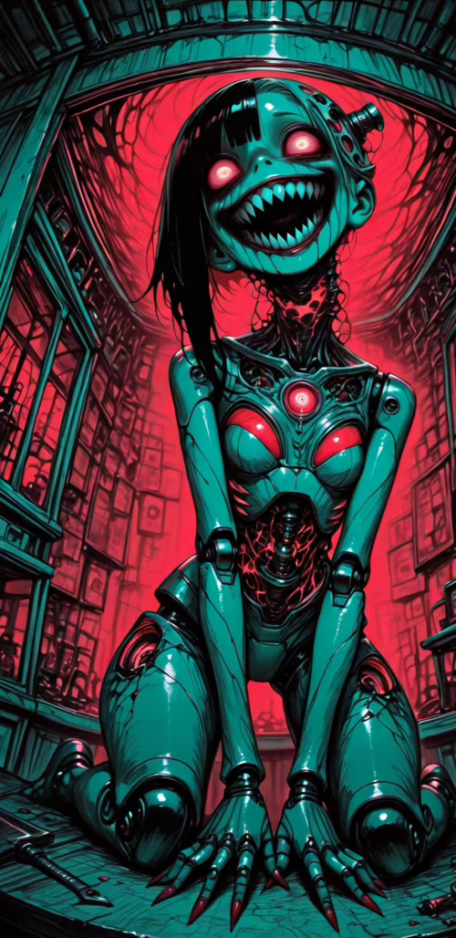 Blada, żeńska robot o szerokim, pełnym zębów uśmiechu i dzikim spojrzeniu klęczy... Samsung Galaxy J6 plus Plus