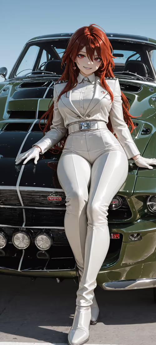 Widok z przodu mocno zmodyfikowanego, klasycznego Forda Mustanga w głębokim zielonym... Huawei Mate 40