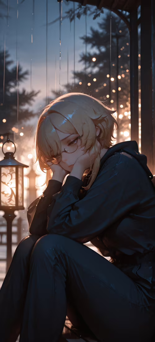 Jasnowłosa dziewczyna w stylu anime, w okularach, przedstawiona jako Lumine z gry...