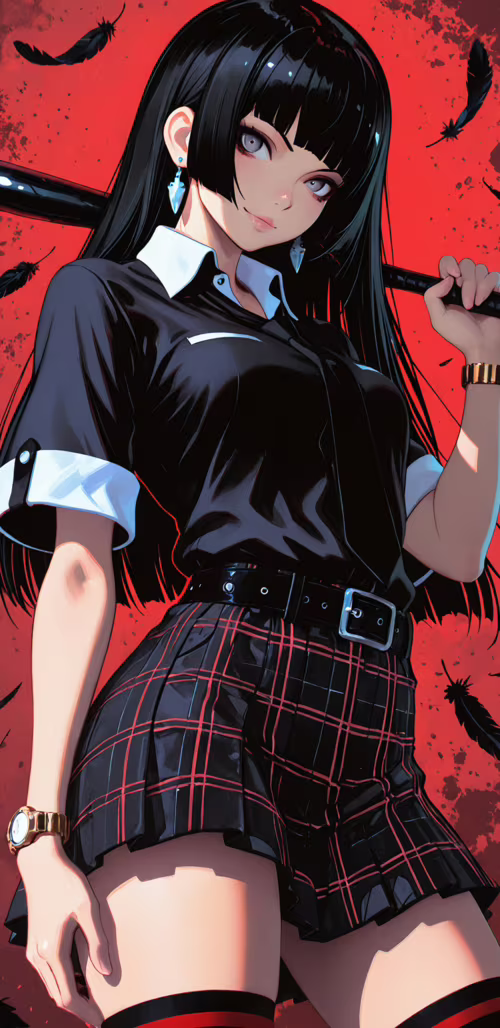 Stylowa dziewczyna w stylu anime, z długimi, czarnymi włosami i szarymi oczami, trzyma... Samsung Galaxy J6 plus Plus