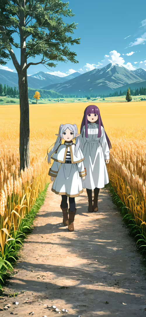 Scena z anime przedstawia elfkę Frieren z srebrnymi warkoczykami na pierwszym planie... Xiaomi Redmi 9