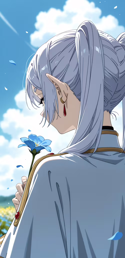 Ilustracja w stylu anime przedstawiająca elfkę Frieren widzianą od tyłu, z długimi,... Samsung Galaxy J6 plus Plus