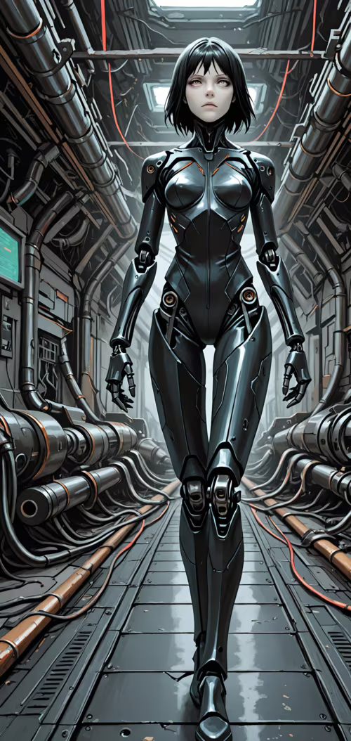 Pełnopostaciowa ilustracja cyborgicznej postaci o imieniu Sanakan, pochodzącej z...