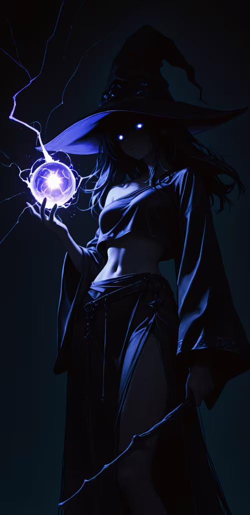 W ciemności stoi czarownica w stylu anime, ma długie, ciemne włosy i duży, spiczasty...