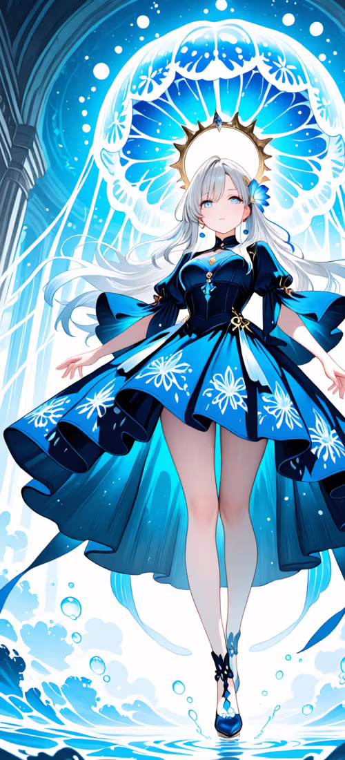 Dziewczyna w stylu anime, o długich, srebrnych włosach i ciemnoniebieskiej sukience,... Huawei Mate 40