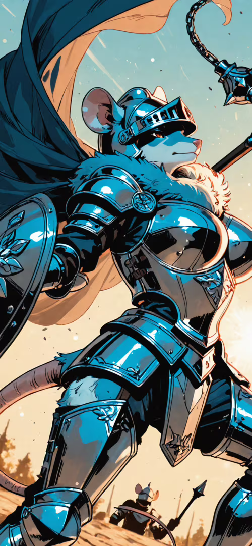 Cyfrowa ilustracja przedstawiająca antropomorficzną mysz, wojowniczkę, w pełnej płytowej... Huawei Nova 9 Pro