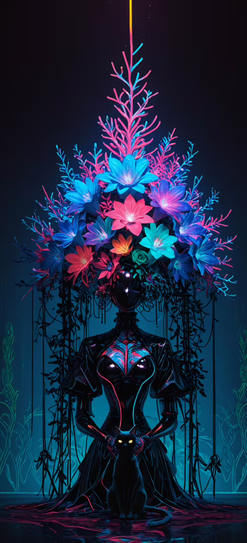 Czarny kot stoi na wzorzystej, neonowej posadzce przed dużym wazonem, w którym znajduje... Oppo Find X2