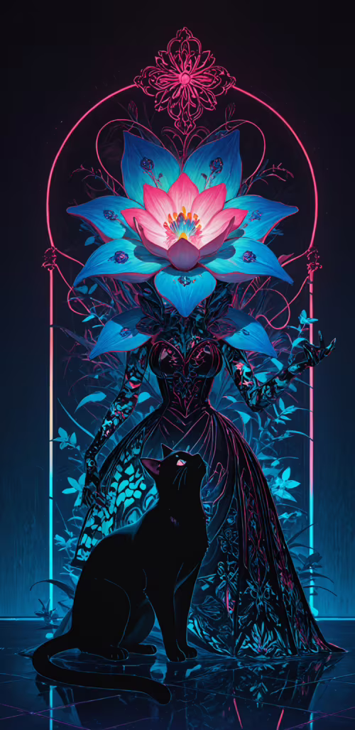 Czarny kot stoi na wzorzystej, neonowej posadzce przed dużym wazonem, w którym znajduje... Google Pixel 3 XL