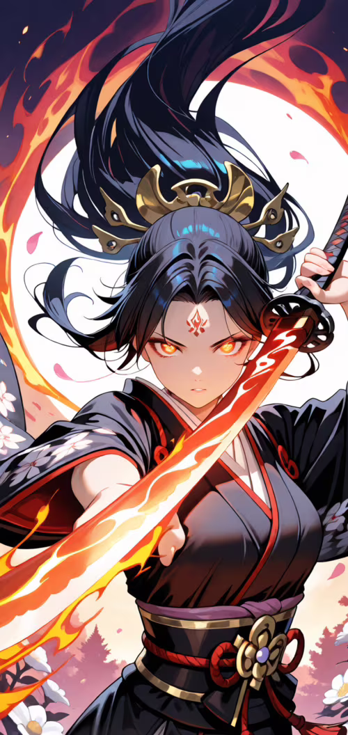 Kreskówkowa wojowniczka w stylu anime, o długich, ciemnych włosach, z czarną, kolczastą... Cubot P40