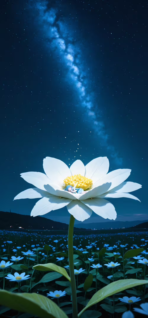 Mała dziewczynka o ciemnych włosach śpi spokojnie w centrum ogromnego, świecącego... Huawei P30 Lite