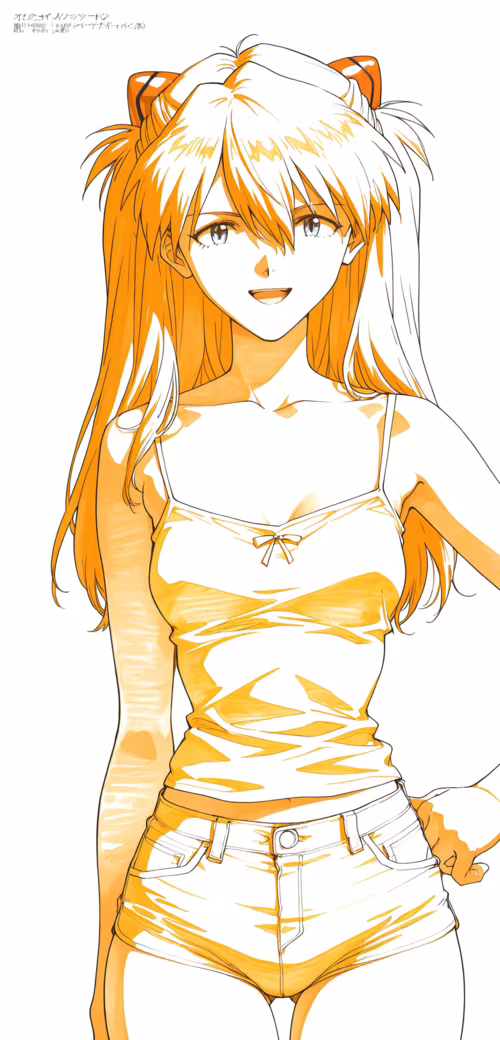 Ilustracja przedstawiająca Asukę Langley Soryu z anime Neon Genesis Evangelion, uśmiechającą...