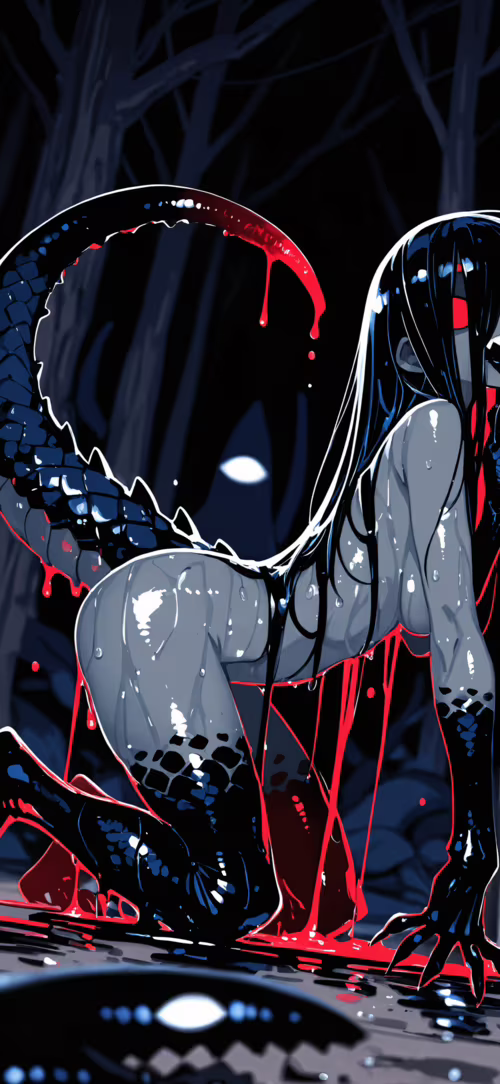 Przerażająca potworna dziewczyna o świecących na czerwono oczach i ostrych zębach... Huawei Nova 3i