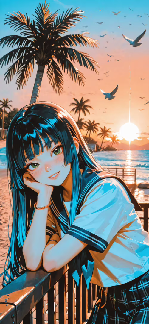 Dziewczyna w stylu anime, o długich, niebieskich włosach i zielonych oczach, ubrana...