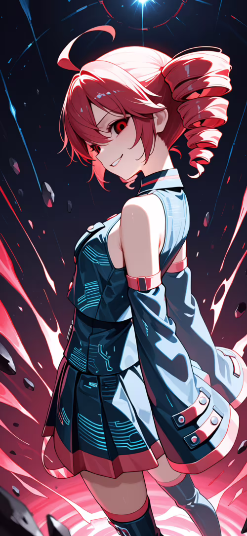 Ilustracja w stylu anime przedstawiająca Kasane Teto z czerwonymi, splecionymi w...