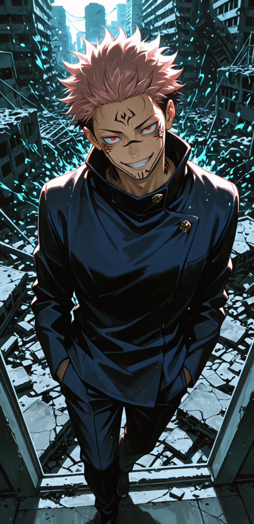 Ryomen Sukuna z anime „Jujutsu Kaisen” stoi w zrujnowanym mieście, a z góry, z lekko... Google Pixel 3 XL