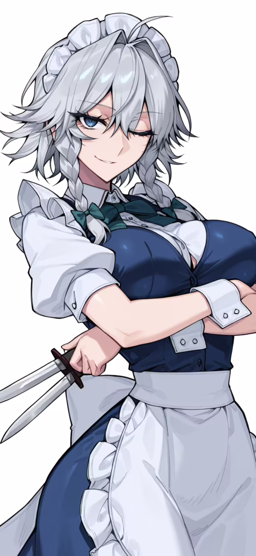 Sakuya Izayoi z serii Touhou Project, służąca o srebrnych, zaplecionych włosach,...