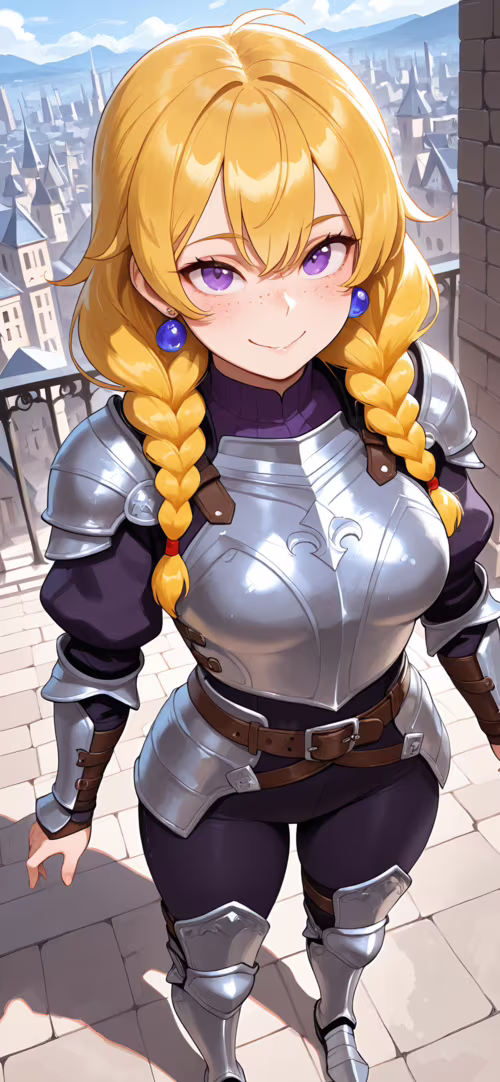 Młoda, piękna rycerka o blondych warkoczach i fioletowych oczach, ubrana w srebrną... Motorola One Hyper