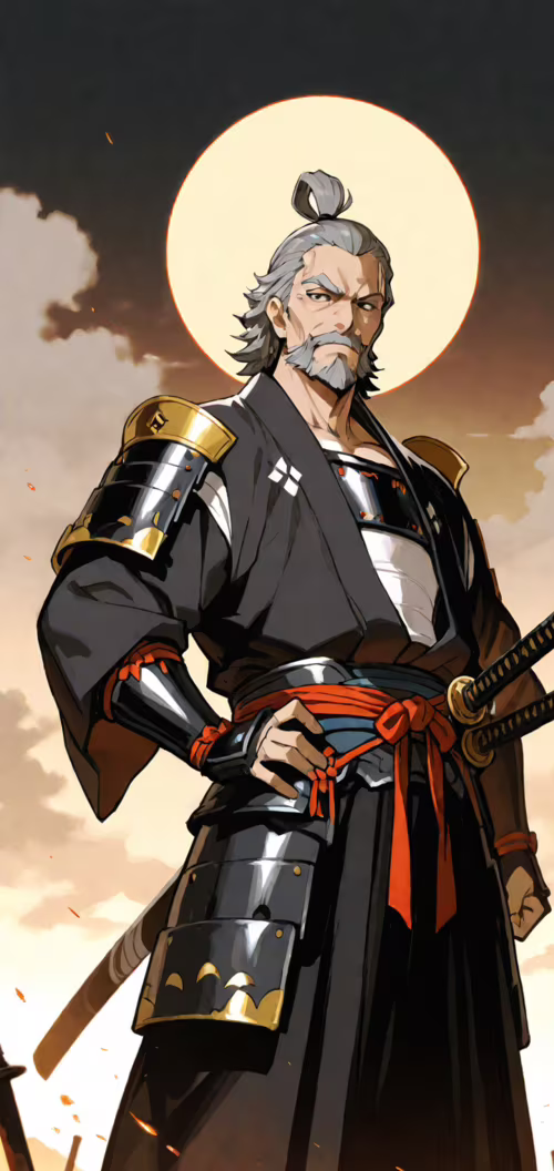 Ilustracja w stylu anime przedstawiająca starszego, muskularnego samuraja z siwymi... Cubot P40