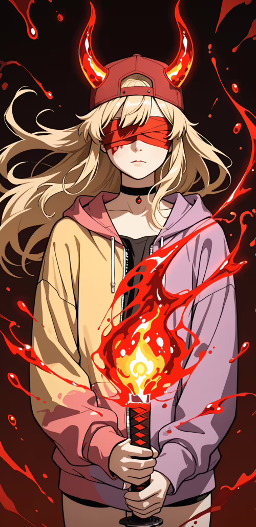 Dziewczyna w stylu anime, z długimi, blond włosami, czerwoną czapką noszoną tyłem... Google Pixel 3 XL