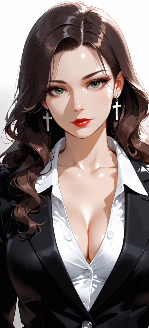 Piękna kobieta o długich brązowych włosach, zielonych oczach i czerwonej szmince,... Huawei Mate 40