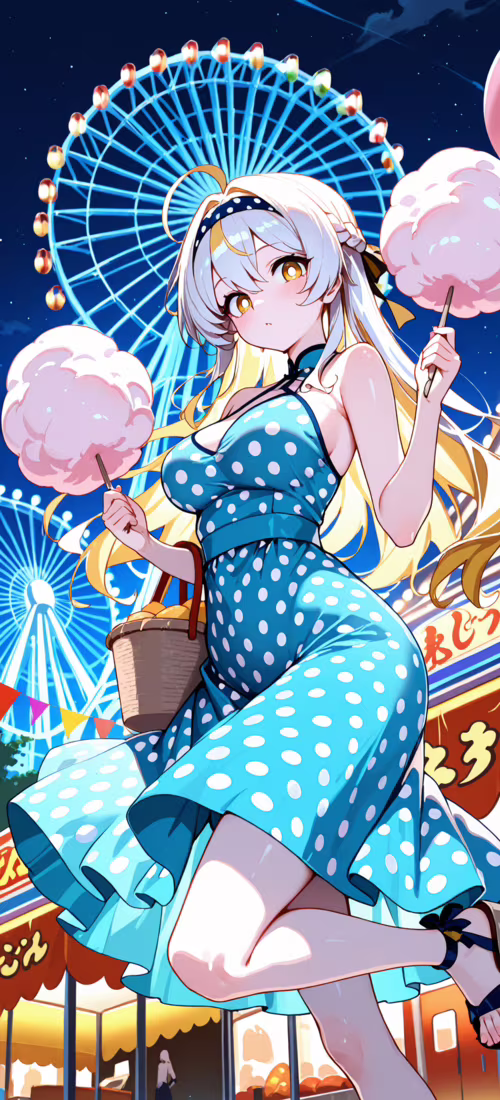 Dziewczyna w stylu anime, z długimi, blond włosami, ubrana w żółtą sukienkę w grochy,... Vivo V23 Pro