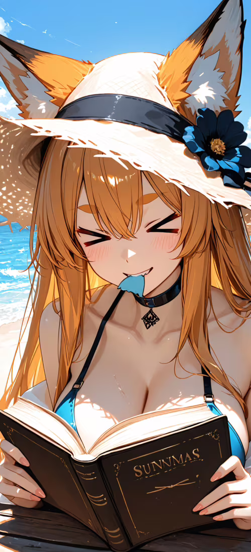 Animowana dziewczyna-lisica o czarnych włosach i słomkowym kapeluszu na głowie uśmiecha...