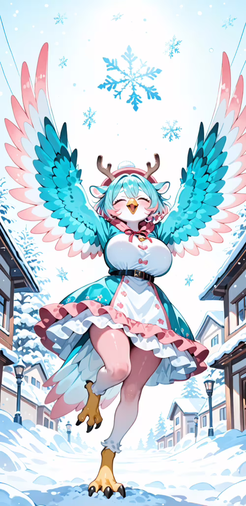 Ilustracja w stylu anime przedstawiająca radosną postać kobiecą o różowych włosach,...