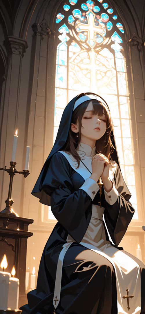 Ilustracja w stylu anime przedstawiająca młodą zakonnicę o ciemnych, blond włosach,... Huawei Nova 3i