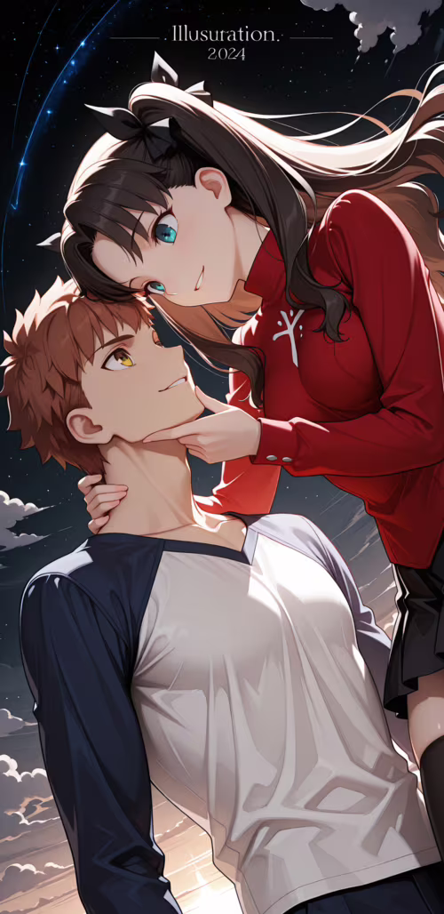 Ilustracja w stylu anime przedstawiająca Rin Tohsaka i Shirou Emiya z serii Fate/stay...