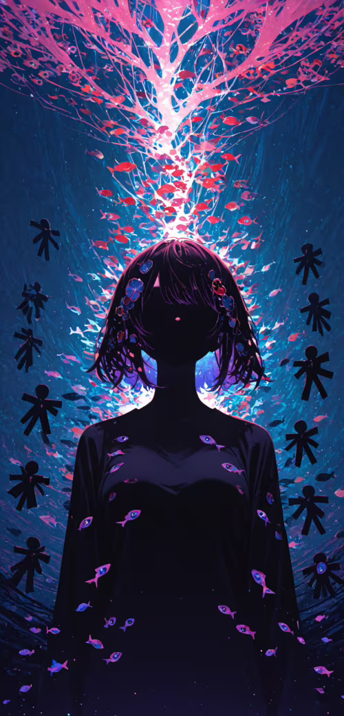 Dziewczyna w stylu anime, o ciemnych włosach i świecących na żółto oczach, stoi w...