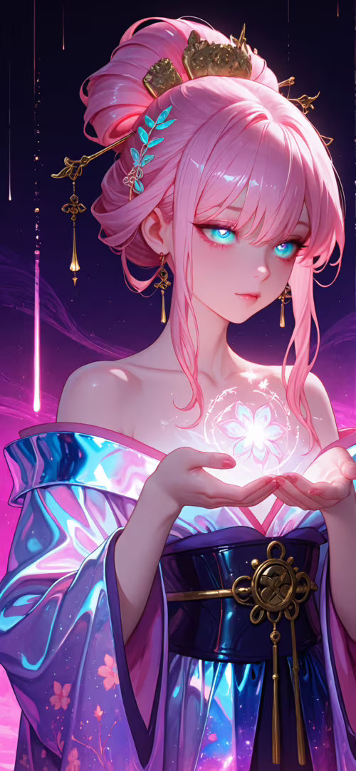 Piękna kobieta w stylu anime, o różowych włosach upiętych w skomplikowaną fryzurę,... Xiaomi Redmi 9