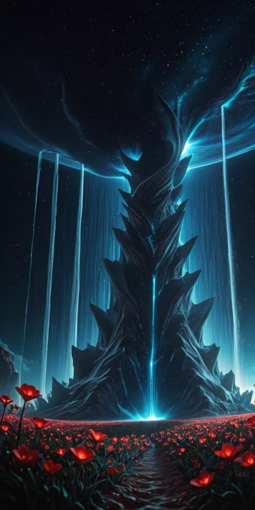 Nadzrealistyczna, fantastyczna scena przedstawiająca świecący, niebieski wodospad... Alcatel 1X 2019