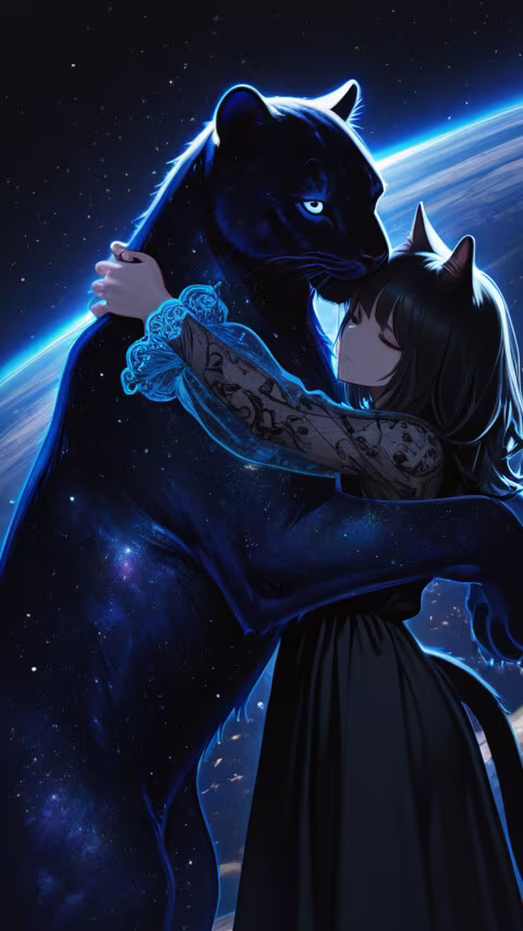 Dziewczyna w stylu anime, przypominająca kota, ma krótkie, czarne włosy i długą,... LG K7