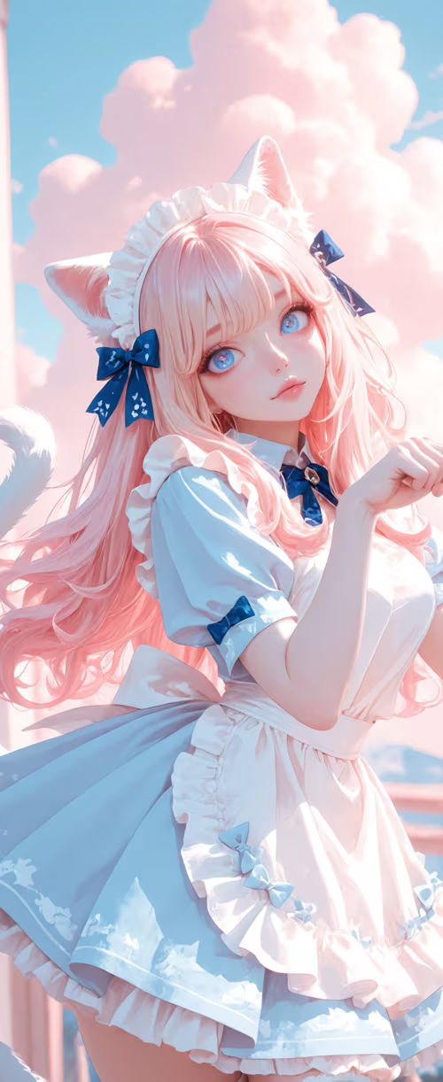 Dziewczyna w stylu anime, o długich, różowych włosach, niebieskich oczach i białych,... Samsung Galaxy Z Flip3 5G