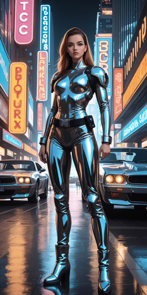 Pełnowymiarowa ilustracja przedstawiająca kobietę w futurystycznym, czarno-srebrnym...