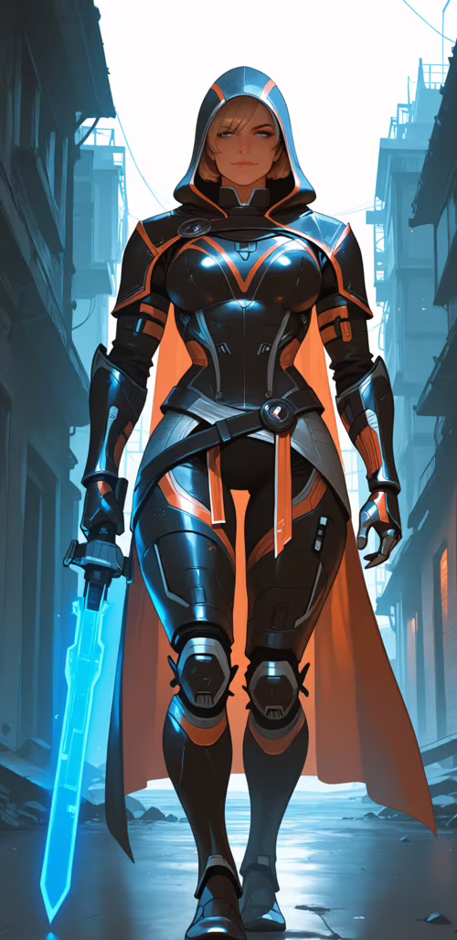 Cyfrowe przedstawienie blondynki, komandor Shepard, w czarnych, futurystycznych zbrojach... Google Pixel 3 XL