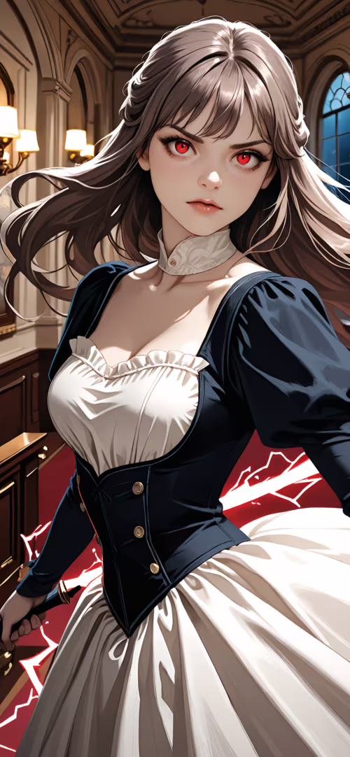 Kobieta w stylu anime, o długich brązowych włosach i przeszywających, czerwonych... Honor 10i