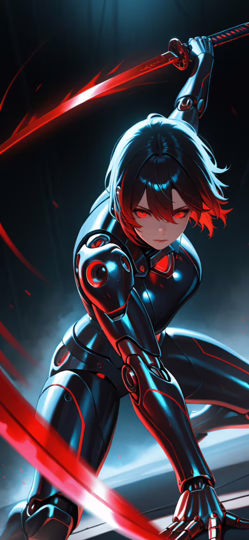 Kobieta-cyborg w stylu anime, ubrana w ciemną, futurystyczną zbroję, z świecącymi... Apple iPhone 12 Pro Max