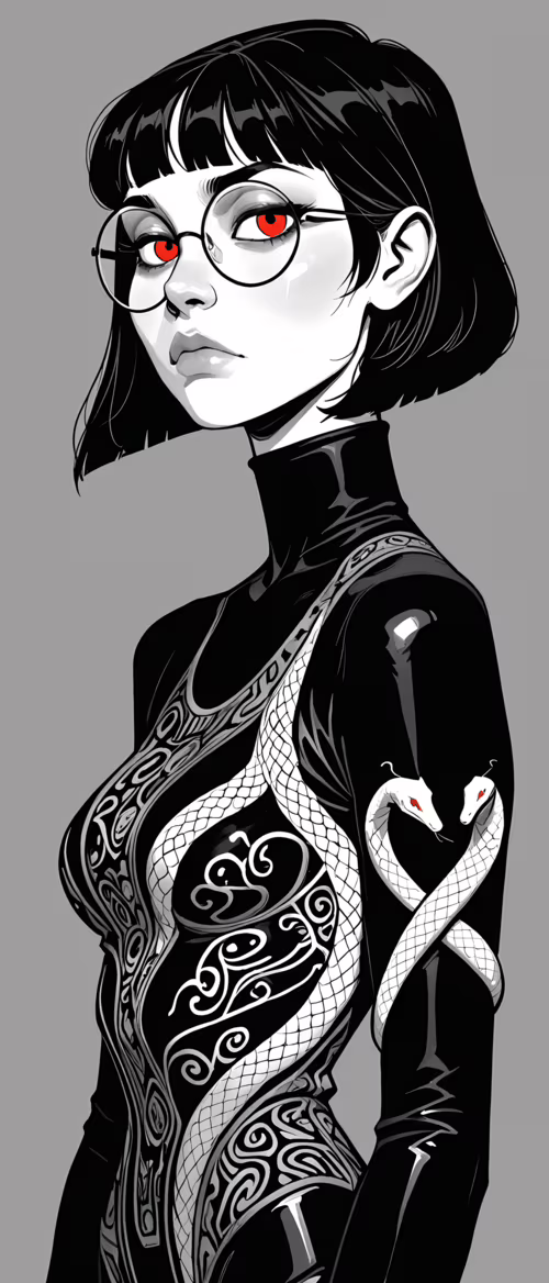 Graficzny portret kobiety z krótkimi, czarnymi włosami obciętymi w sposób przypominający... Sony Xperia 10 II