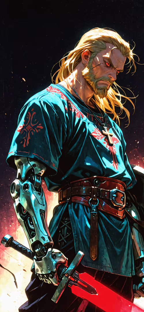 Cyfrowa ilustracja przedstawiająca blondwłosego wojownika z brodą i świecącymi na... Apple iPhone XS Max