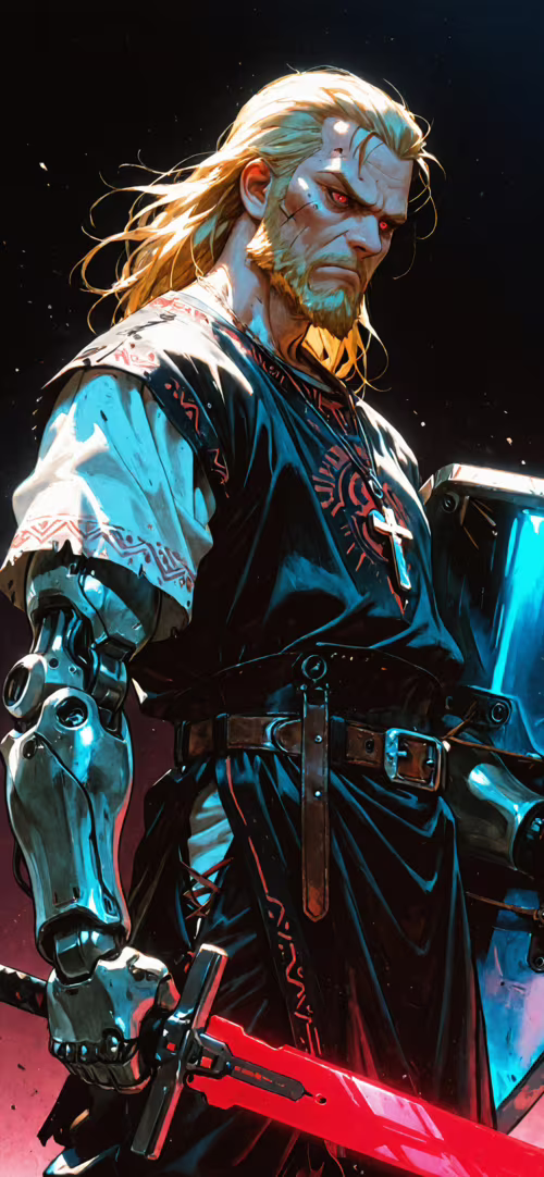 Cyfrowa ilustracja przedstawiająca blondwłosego wojownika z brodą i świecącymi na... Honor 70 Pro