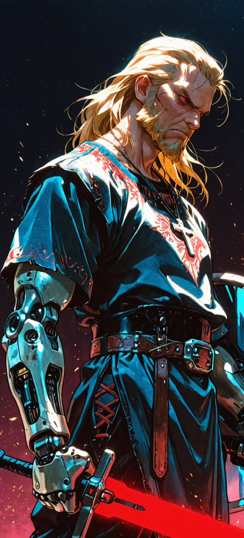 Cyfrowa ilustracja przedstawiająca blondwłosego wojownika z brodą i świecącymi na...