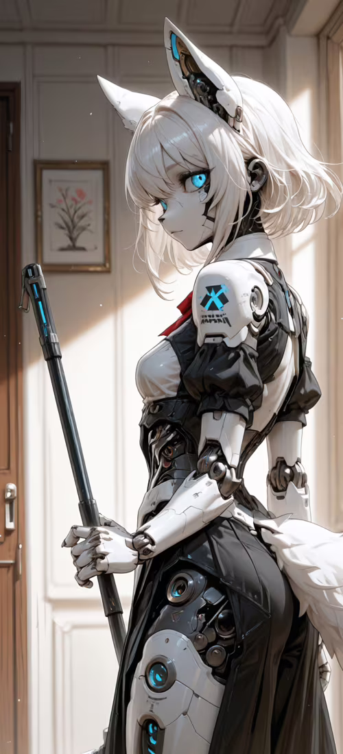 Cyfrowe przedstawienie kobiety-cyborga o białych włosach, świecących niebieskich...