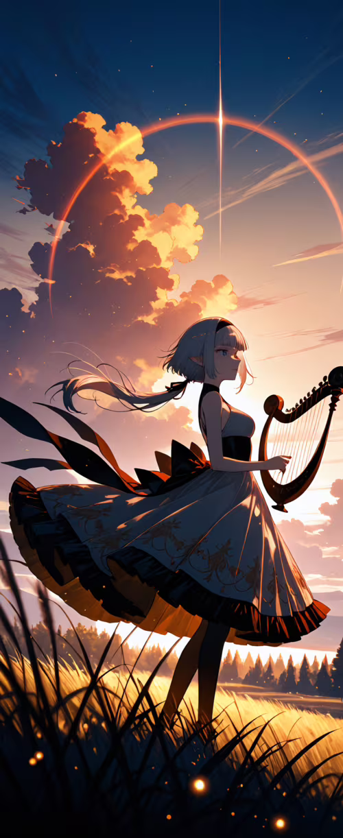 Ilustracja przedstawiająca elfkę w stylu anime, z długimi, srebrnymi włosami, grającą... Samsung Galaxy Z Flip3 5G