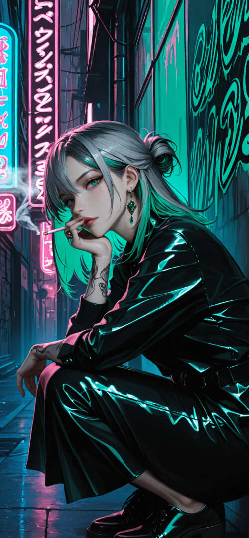 Ilustracja w stylu anime przedstawiająca młodą kobietę o szarych włosach, z zielonymi... Huawei Nova 3i