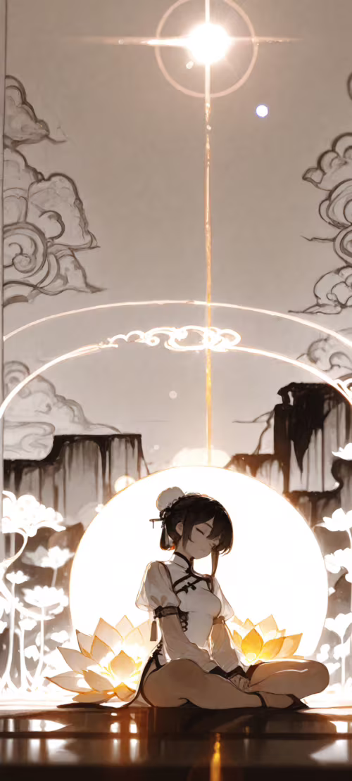 Dziewczyna w stylu anime, o białych włosach upiętych w dwa koki, medytuje w pozycji... Asus ZenFone 7